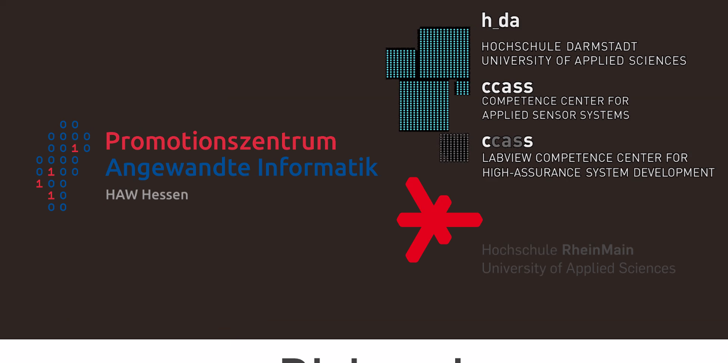 Logo des Promotionszentrums "Angewandte Informatik" der HAW Hessen mit den Institutionen Hochschule Darmstadt und CCASS.